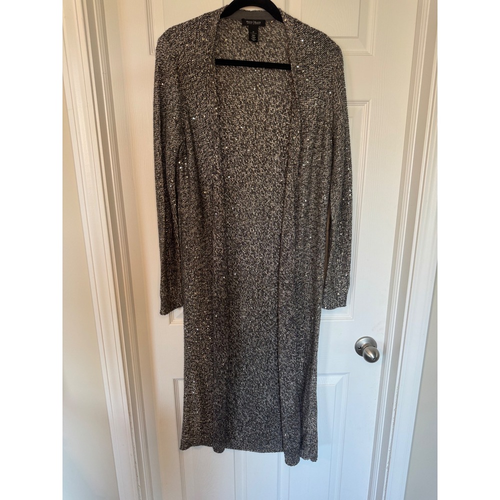 White House Black Market Metallic Sequin Duster Cardigan Silver Black Medium